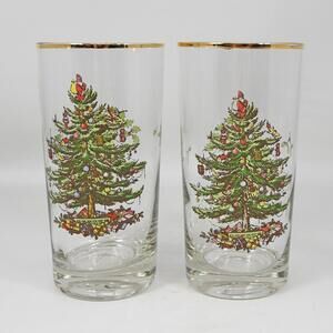 VTG Spode Christmas Tree Set of 2 Glass Water Tumblers Highball Glasses 5 1/2"